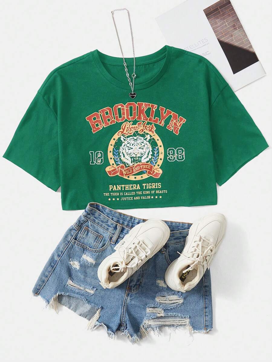 SHEIN EZwear Áo thun nữ Slogan Thú vật Giải trí - màu xanh lá - Xem 1