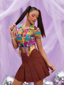 THE POWERPUFF GIRLS X SHEIN Camisa con estampado de dibujos animados con botón delantero de malla