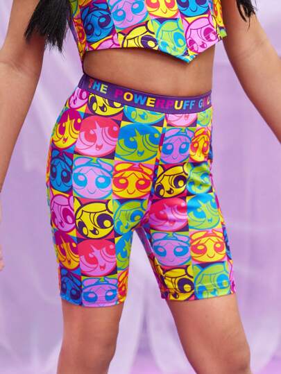THE POWERPUFF GIRLS X SHEIN Pantalones cortos elásticos de punto con gráfico de letras de dibujos animados coloridos de Dopamina para niña joven