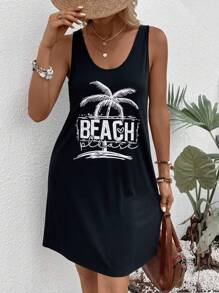 SHEIN VCAY Đầm Lá thư Nhiệt đới Giải trí - màu đen - Xem 4