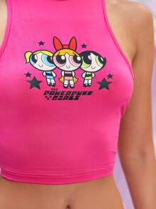 THE POWERPUFF GIRLS X SHEIN 1入組卡通圖案高領短款背心 - 玫紅色 - 查看 8