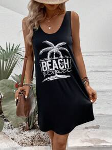 SHEIN VCAY Đầm Lá thư Nhiệt đới Giải trí - màu đen - Xem 6