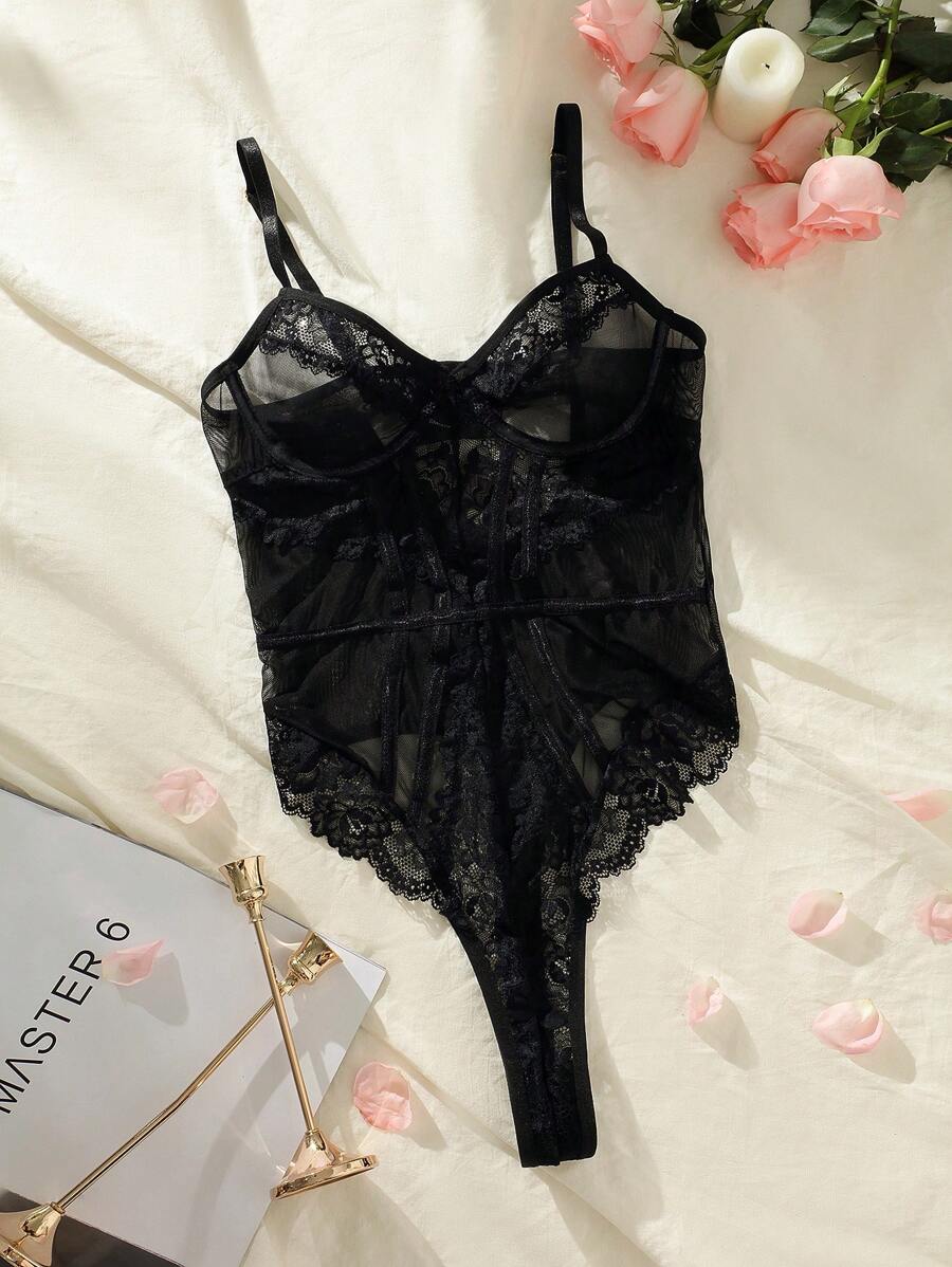 Contrast Lace Mesh Underwire Teddy Bodysuit Lingerie - Black - View 1