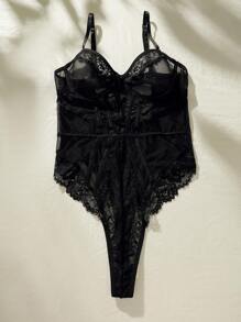 Contrast Lace Mesh Underwire Teddy Bodysuit Lingerie - Black - View 4
