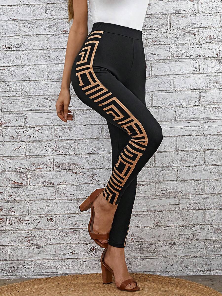 SHEIN LUNE Geo Print Leggings - Black - View 1