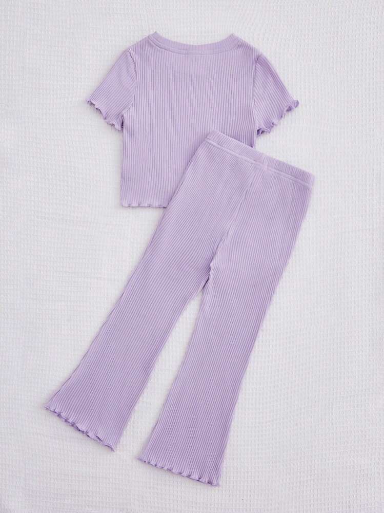 Young Girl Butterfly Print Knot Hem Tee & Flare Leg Pants - Lilac Purple - View 4