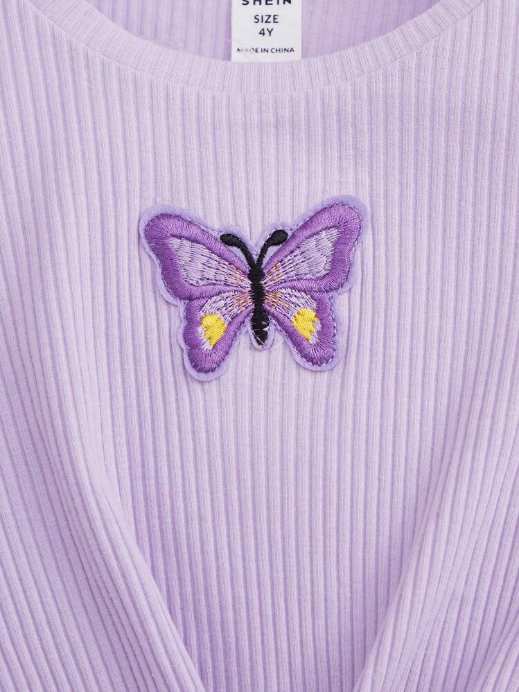 Young Girl Butterfly Print Knot Hem Tee & Flare Leg Pants - Lilac Purple - View 5