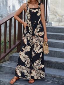 SHEIN LUNE Women's Tropical Plant Print Pocketed Wide Leg Casual Jumpsuit - Multicolor - View 1