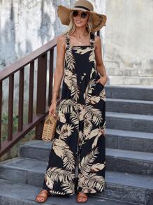 SHEIN LUNE Women's Tropical Plant Print Pocketed Wide Leg Casual Jumpsuit - Multicolor - View 3
