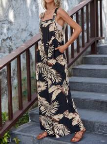 SHEIN LUNE Women's Tropical Plant Print Pocketed Wide Leg Casual Jumpsuit - Multicolor - View 4