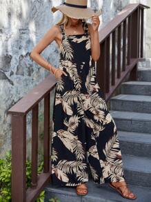 SHEIN LUNE Women's Tropical Plant Print Pocketed Wide Leg Casual Jumpsuit - Multicolor - View 5