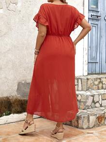 EMERY ROSE Hơn Nút phía trước tay áo lá sen Đầm Không có thắt lưng - trái cam - Xem 2