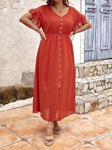 EMERY ROSE Hơn Nút phía trước tay áo lá sen Đầm Không có thắt lưng - trái cam - Xem 5