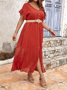 EMERY ROSE Hơn Nút phía trước tay áo lá sen Đầm Không có thắt lưng - trái cam - Xem 6