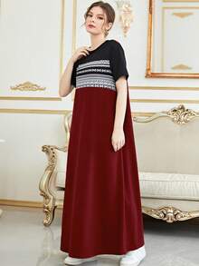 Mulvari 幾何印花撞色T恤連衣裙 - 酒紅色 - 查看 3