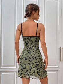 SHEIN EZwear In hoa Tương phản ràng buộc Váy Dây - xanh quân đội - Xem 2