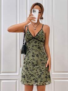 SHEIN EZwear In hoa Tương phản ràng buộc Váy Dây - xanh quân đội - Xem 4
