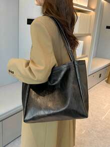 極簡單肩托特包大容量黑色 - 黑色 - 查看 2