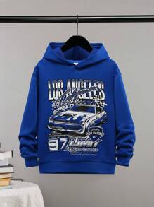 SHEIN Áo nỉ dệt kim dáng rộng, thoải mái cho bé trai tuổi teen, có họa tiết in, màu trơn. - Màu xanh lam - Xem 1