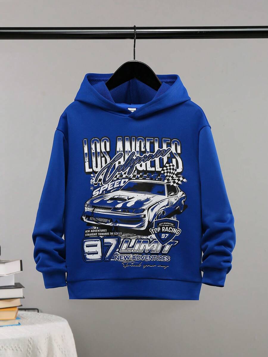 SHEIN Áo nỉ dệt kim dáng rộng, thoải mái cho bé trai tuổi teen, có họa tiết in, màu trơn. - Màu xanh lam - Xem 1