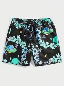 ROMWE MEN Street Life Guys Floral Print Drawstring Waist Shorts - Black - View 1