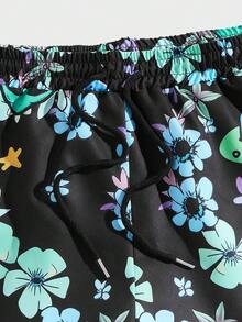 ROMWE MEN Street Life Guys Floral Print Drawstring Waist Shorts - Black - View 4