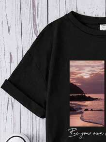 Cô gái Tween Slogan & bản in cây cọ Áo thun Thả vai - màu đen - Xem 3