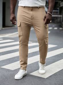 Manfinity Homme Men Plus Cotton Flap Pocket Side Cargo Jeans - Khaki - View 4