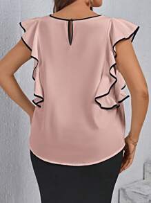 SHEIN Clasi 大碼鎖眼領口撞色滾邊蝴蝶袖襯衫 - 珊瑚粉 - 查看 2