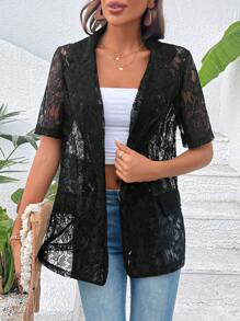 SHEIN LUNE Open Front Lace Blazer - Black - View 3