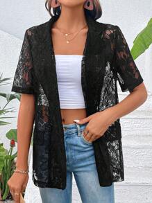SHEIN LUNE Open Front Lace Blazer - Black - View 4