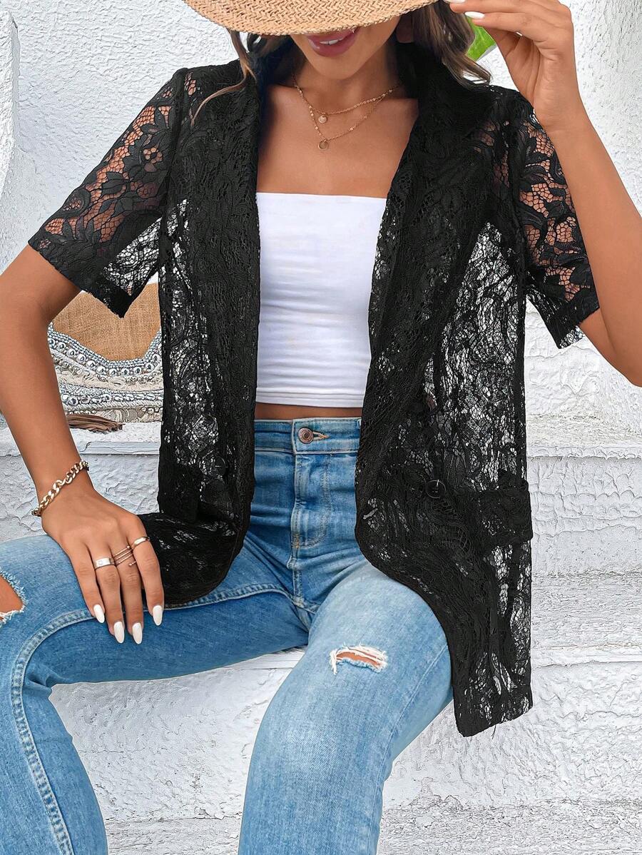 SHEIN LUNE Open Front Lace Blazer - Black - View 1