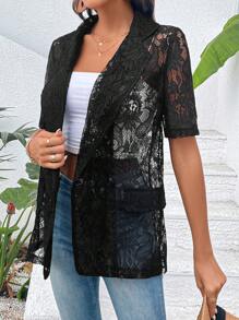 SHEIN LUNE Open Front Lace Blazer - Black - View 6