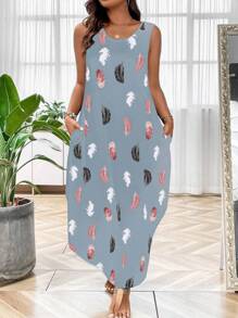 SHEIN LUNE Plus Feather Print Hidden Pocket Curved Hem Tank Dress - Blue - View 1