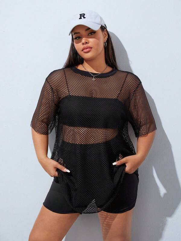 SHEIN EZwear Plus Solid Fishnet Mesh Top Without Cami Top