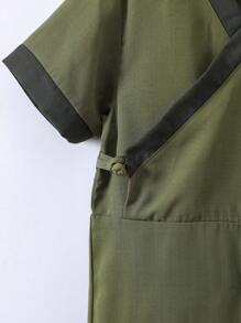 SHEIN 小男童撞色滾邊交疊領連身短褲 - 軍綠色 - 查看 5