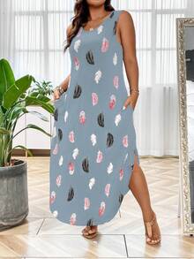 SHEIN LUNE Plus Feather Print Hidden Pocket Curved Hem Tank Dress - Blue - View 5
