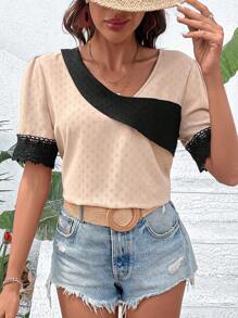 SHEIN LUNE Contrast Lace Puff Sleeve Blouse - Khaki - View 3