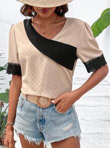 SHEIN LUNE Contrast Lace Puff Sleeve Blouse - Khaki - View 1