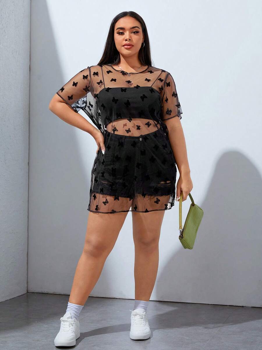 SHEIN EZwear Đầm Plus Size cắt Loại bướm Tất cả trên in Gợi cảm - màu đen - Xem 1