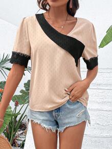 SHEIN LUNE Contrast Lace Puff Sleeve Blouse - Khaki - View 6
