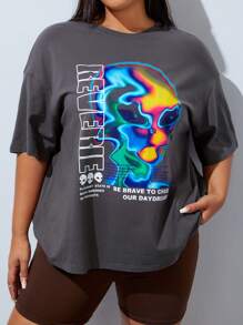 SHEIN Coolane Áo thun hở vai họa tiết hoạt hình & khẩu hiệu cỡ lớn - Màu xám đen - Xem 2