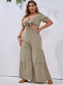 SHEIN Holidaya 大碼前打結短款上衣和荷葉邊闊腿褲 - 卡其色 - 查看 4