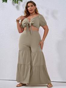 SHEIN Holidaya 大碼前打結短款上衣和荷葉邊闊腿褲 - 卡其色 - 查看 5