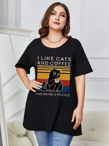Camiseta con estampado de slogan y dibujos animados - Negro - Ver 1