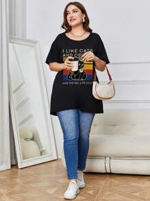 Camiseta con estampado de slogan y dibujos animados - Negro - Ver 4