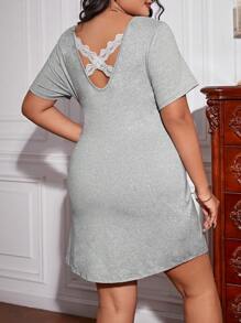 大碼蕾絲拼接後背十字交叉睡裙 - 灰色 - 查看 4