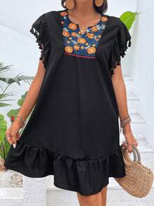 SHEIN VCAY Floral Embroidery Butterfly Sleeve Ruffle Hem Smock Dress - Black - View 3