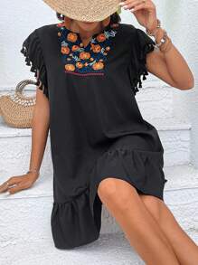 SHEIN VCAY Floral Embroidery Butterfly Sleeve Ruffle Hem Smock Dress - Black - View 1