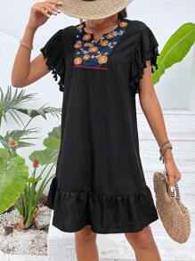 SHEIN VCAY Floral Embroidery Butterfly Sleeve Ruffle Hem Smock Dress - Black - View 5
